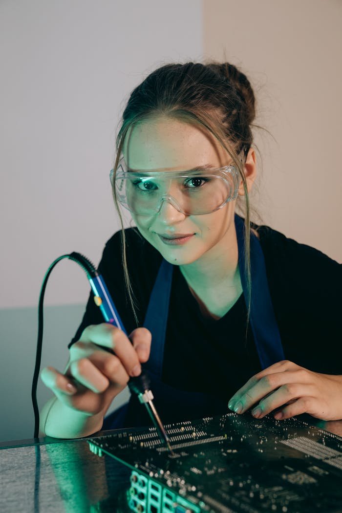 Young female engineer soldering electronics circuit board with precision and care.