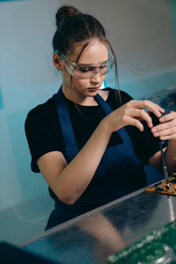 Caucasian female engineer soldering electronic components while wearing protective eyewear.